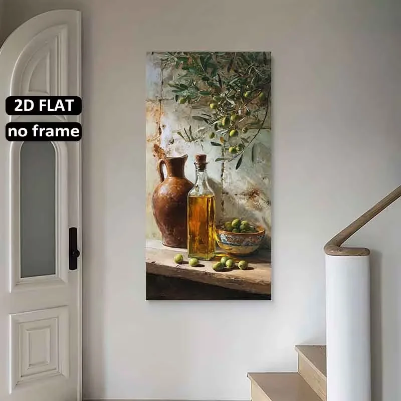 Cuadro de lienzo 2D plano de 1 pieza con rama de olivo grande y naturaleza muerta al óleo - Arte de pared moderno y amplio con rama de olivo, ideal para decoración del hogar, regalo de inauguración.