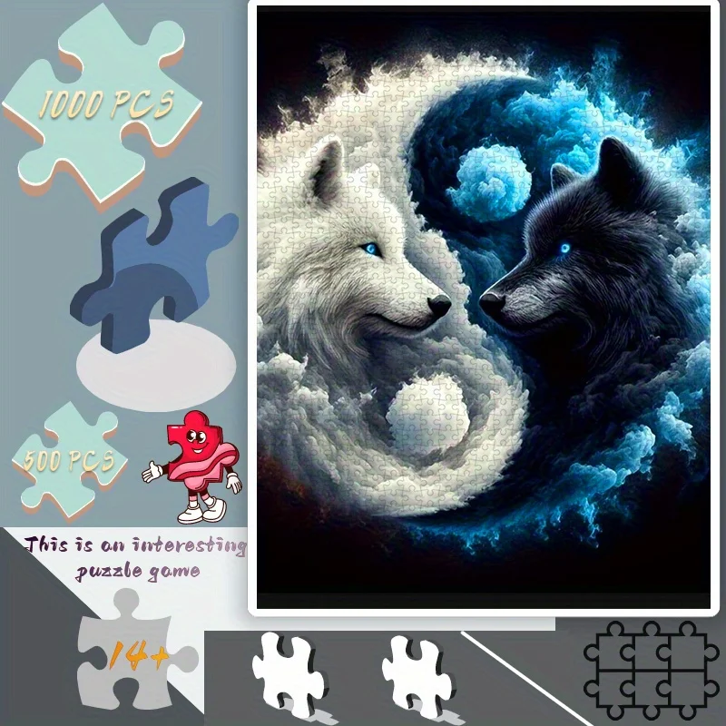 Puzzle 500/1000 pièces, Puzzle en papier pour bricolage, loup noir et blanc, motif Taiji, peinture abstraite artistique, Puzzle pour adultes, adapté pour H