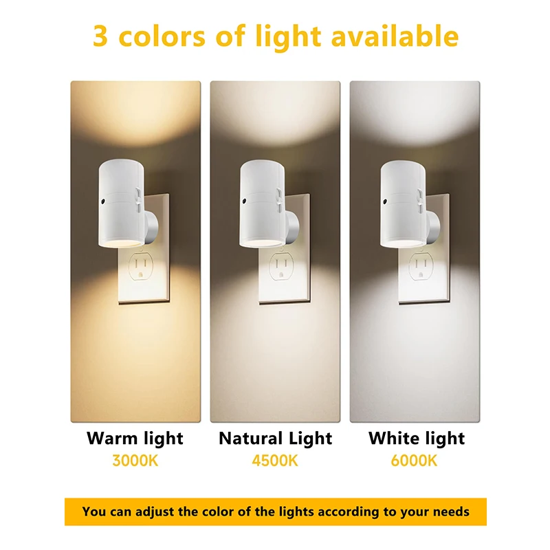 مصباح توصيل للإضاءة الليلية مع استشعار من الغسق إلى الفجر، سطوع قابل للتعديل ولون مناسب للممرات وغرف النوم