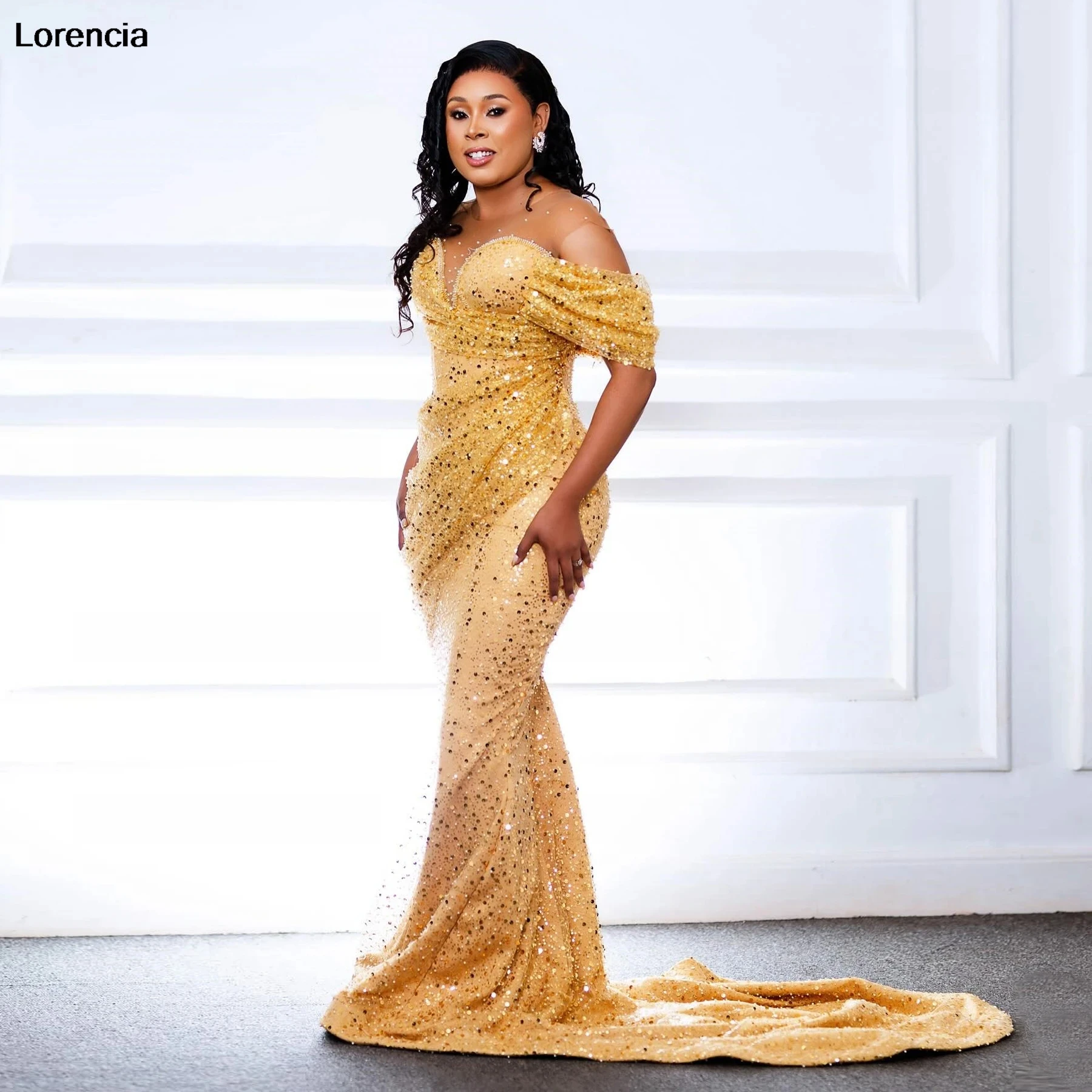 

Lorencia Customized African Gold Prom Dress Off Shoulder Mermaid Glitter Sequins Lace Party Gown Aso Ebi Birthday Dress YPD217