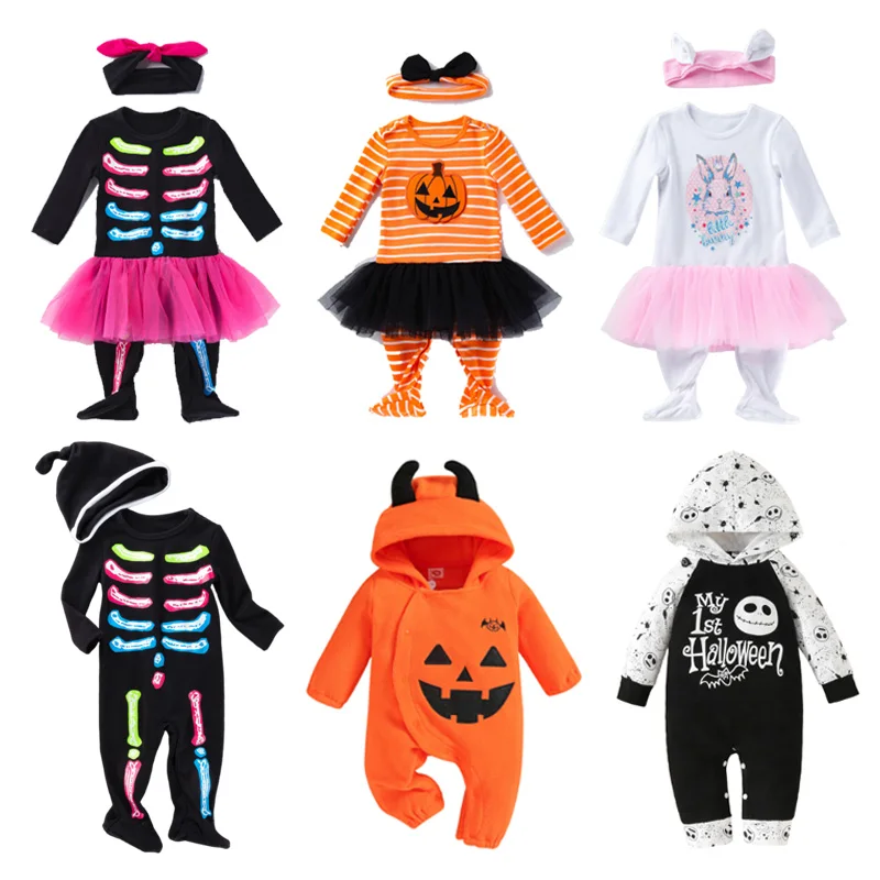 

Baby Girls Boys Romper Toddler Halloween Cosplay Colour Skeleton Pumpkin Christmas Eve Horror Costume Baby Long Sleeved Jumpsuit