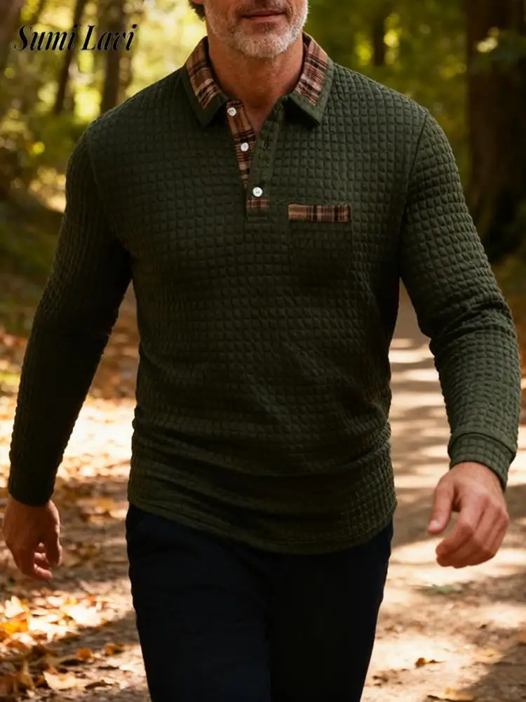 

Повседневная повседневная рубашка-поло в вафельную клетку для мужчин, весна-осень 2026, модный пуловер с лацканами на пуговицах, топ, мужские винтажные лоскутные поло