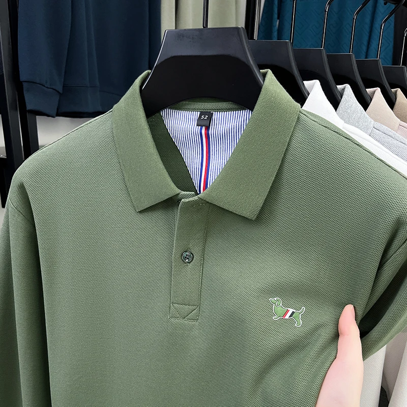 ضوء فاخر موضة 100% القطن الخالص قميص بولو الرجال بأكمام طويلة 2025 الخريف منتج جديد منتصف العمر أبي طوق قاعدة تي شيرت
