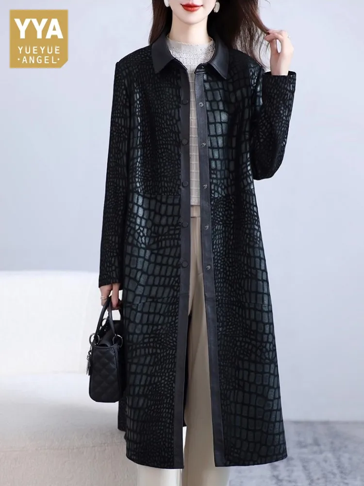 Autumn Genuine Leather Crocodile Pattern Lady Jacket Single Breasted Turndown Collar Coat Real Sheepskin Mid Long Coats Hot Sale