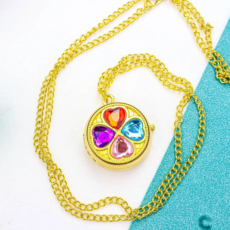 Милые вращающиеся часы Lucky Four-Leaf Clover для девочек с цепочкой, детские кварцевые карманные часы для учащихся начальной школы, школьный брелок