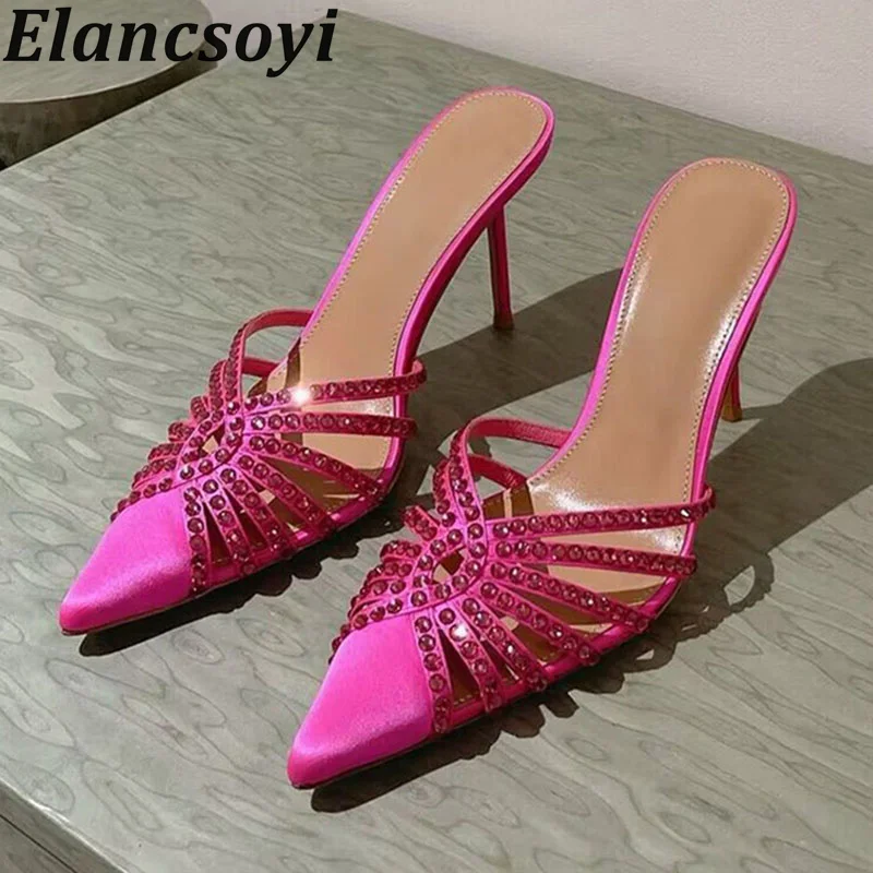 

Summer Pointed Toe Bling Crystal Hollow Out Slippers Women Shiny Rhinestone Satin Silk Thin High Heel Sexy Party Dress Shoes