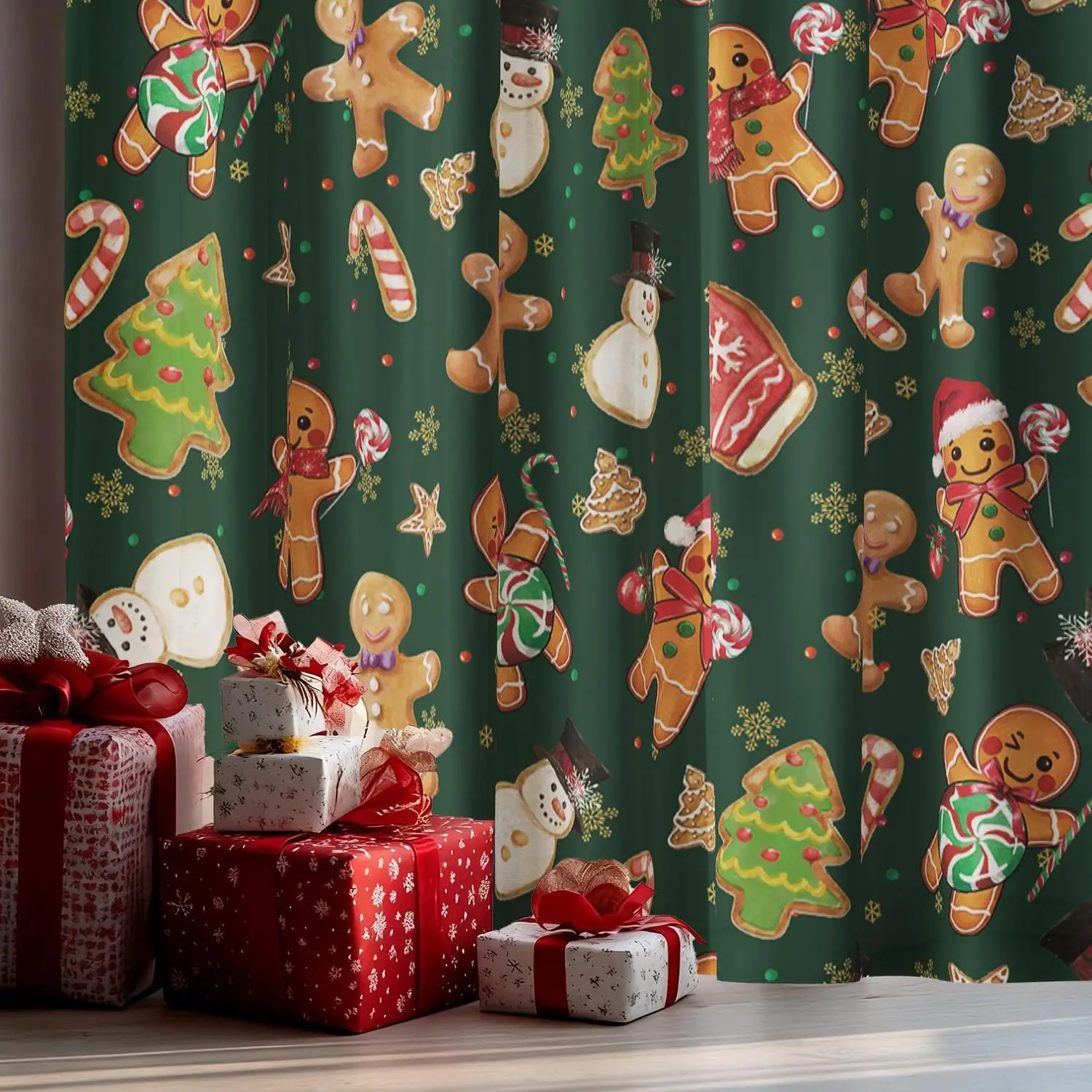 Christmas Sheer Curtains for Living Room and Bedroom, Gingerbread Man Snowman Foil Print Green Curtains, Holiday Window Drapes