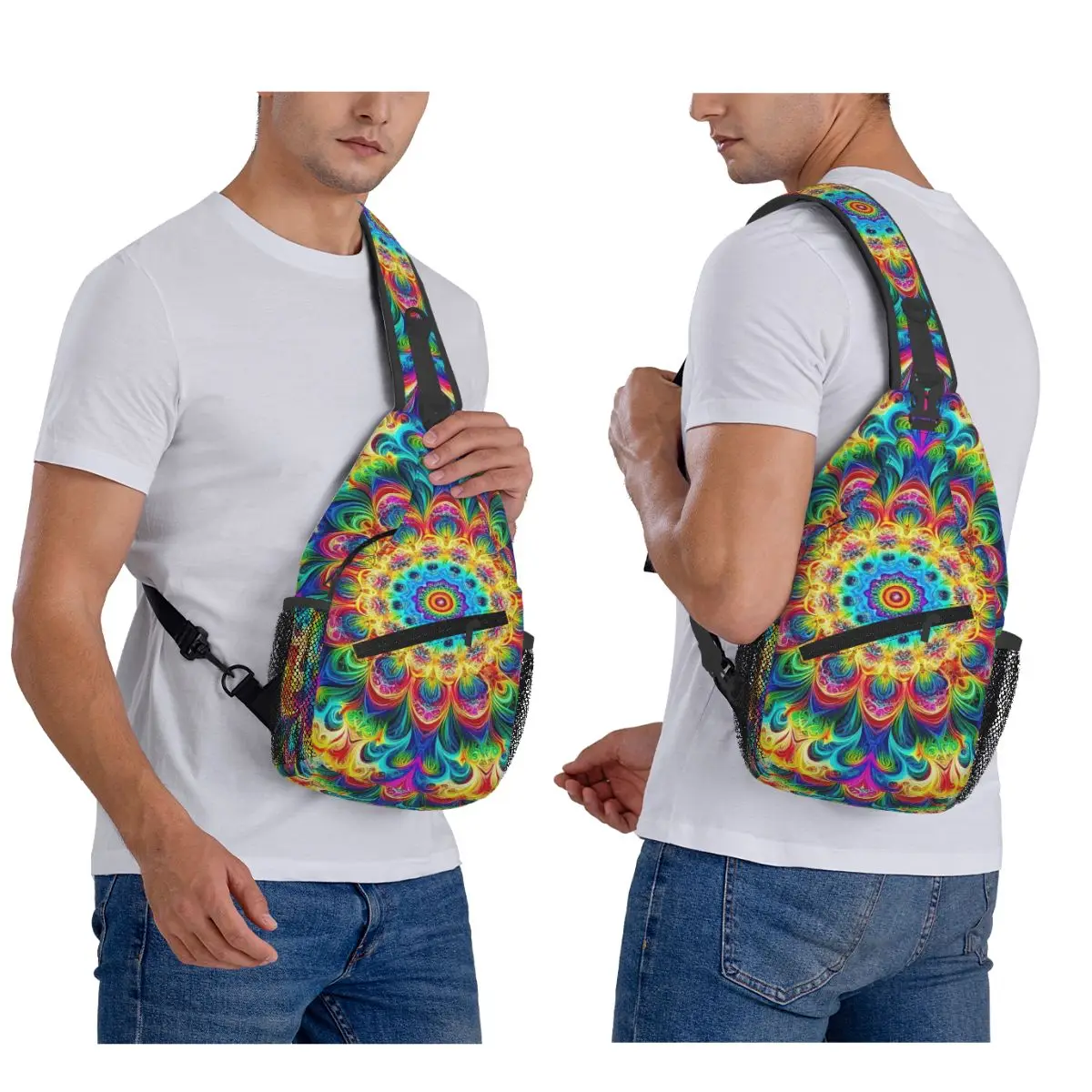 Retro Psychedelic Black With Vibrant Magic Pattern Chest Bag Men Sling Crossbody Backpack Chest Bag Travel Daypack Shoulder Bag
