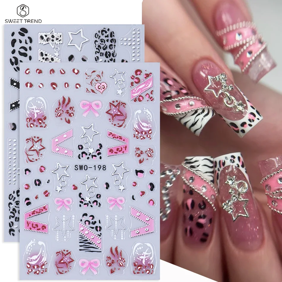 2 Stück Y2K Nagelaufkleber Schwarz Rosa Leopardenmuster Schleife Hohlstern Band Französisches Design Nagelsticker DIY Halloween Maniküre Deko – Detail 2