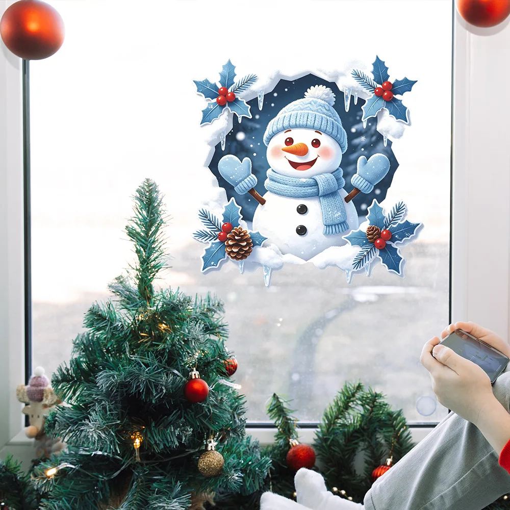 Christmas Creative Broken‑hole Knitted Snowman Window Sticker Home Balcony Glass Decorations