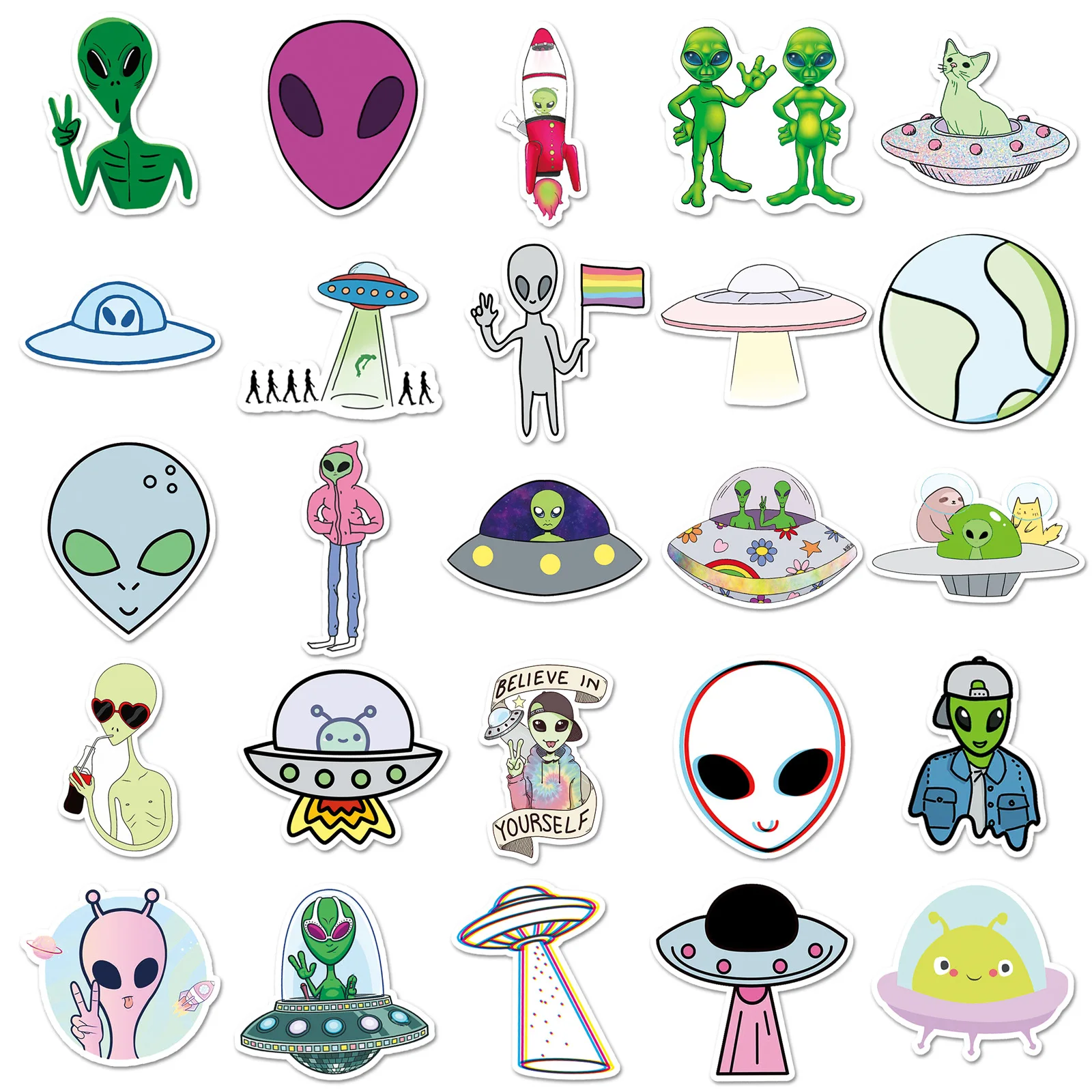 10/30/50 sztuk kosmos naklejki UFO Alien astronauta Rocket Cartoon naklejki prezenty zabawki dla dzieci DIY Skateboard Laptop telefon F5