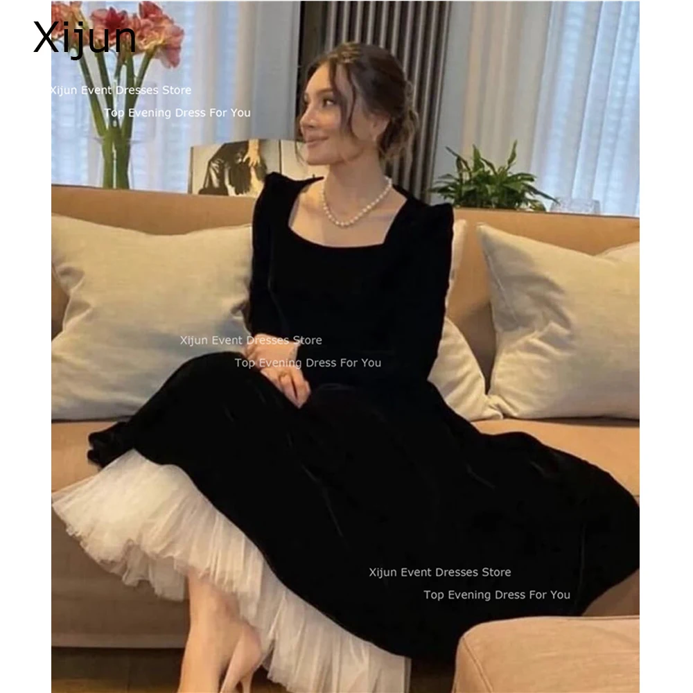 Xijun Classic Black Velvet A Line Formal Evening Dresses Arabic Women Prom Dress Long Sleeves Square Neck Occasion Party Dresses