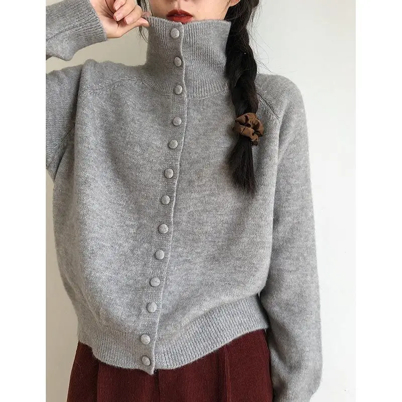 

New Soft Comfortable High Neck Sweater Cardigan Women Simple Single Breasted Cardigans Coat Autumn Solid Knitted Outerwear Lady
