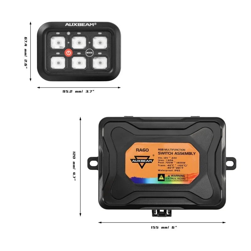 Auxbeam Universal RA60 RGB 6 Gang Switch Panel with 3 Lighting Modes (One-Sided Outlet)