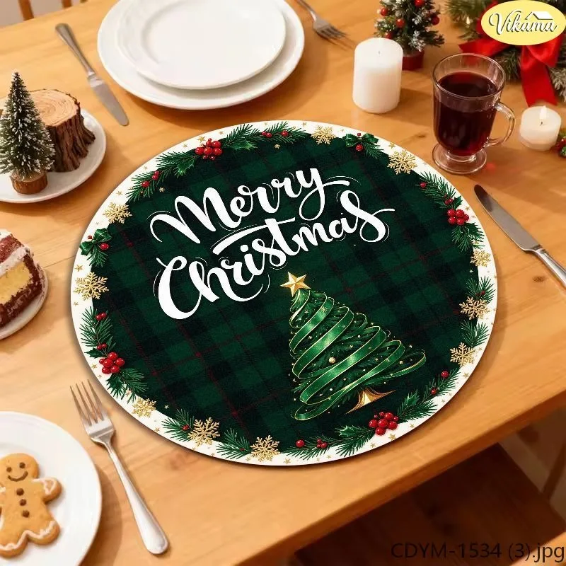 VIKAMA Washable Round Christmas Placemat, Dark Green Big White Blue Snowflake, Holiday Winter Kitchen Dining Decor