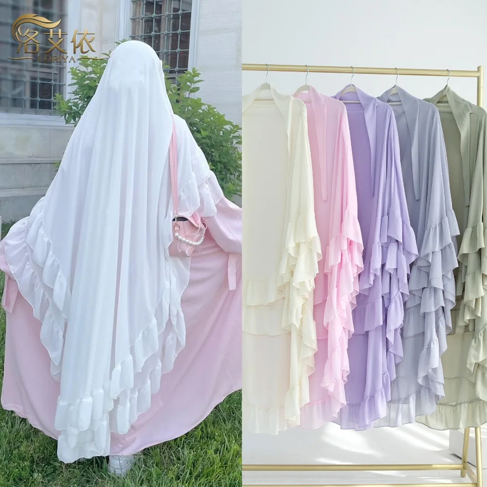 Abaya musulmane longue en mousseline de soie à volants, foulard de couleur unie, Ramadan Khimar Abaya, Robe de prière une pièce, dubaï, Robe noire saoudienne
