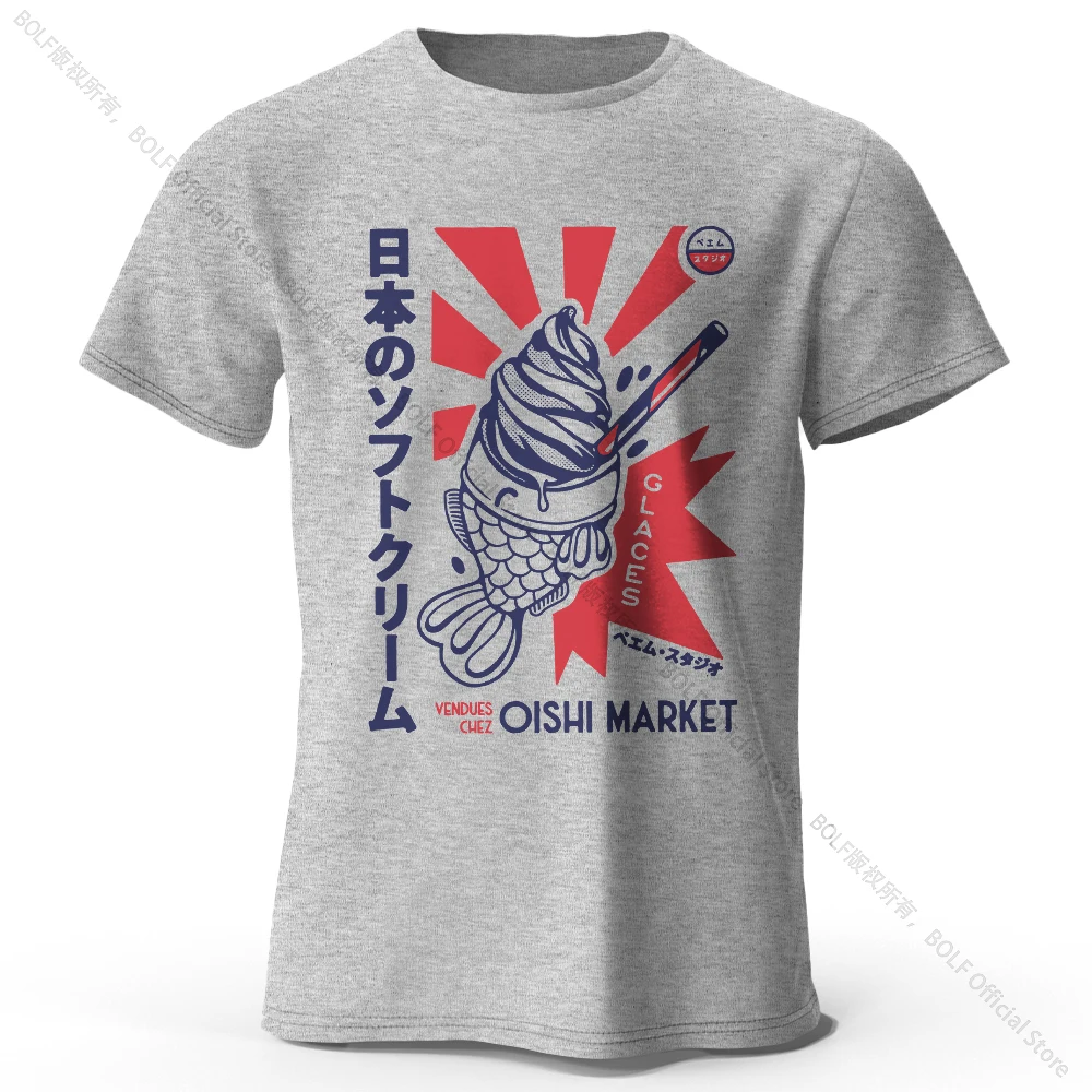 T-Shirt aus 100 % Baumwolle mit japanischem Foodie-Print, weiches und atmungsaktives Rundhals-Kurzarm-T-Shirt, süßer und kultureller Unisex-Stil