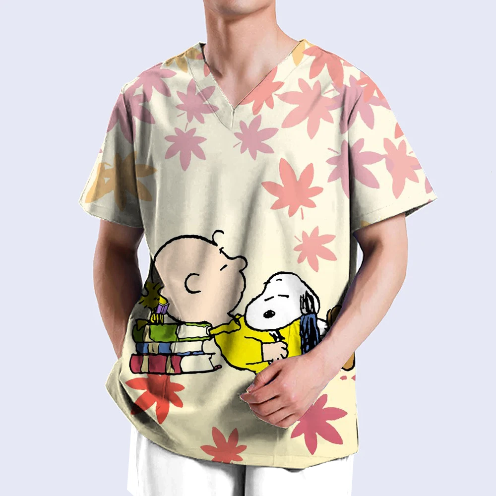 Anesthesiologist surgical gown short sleeved frosted men's V-neck pharmacy gown dentist Snoopy print hospital doctor nurse work