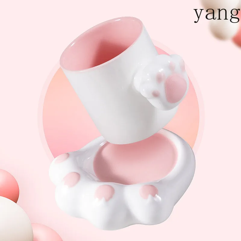 LMM cute style cartoon coffee cup saucer household kitten paw mug set