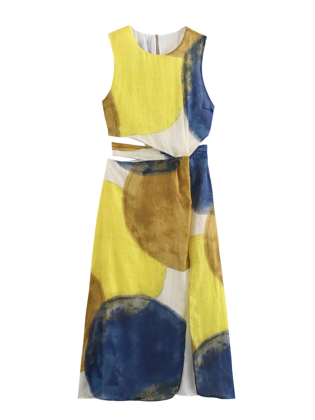 Bloco de cores feminino estampado Vestidos longos, cintura recortada, vestido elegante e chique reunido, gola redonda, fenda sem mangas, férias, verão