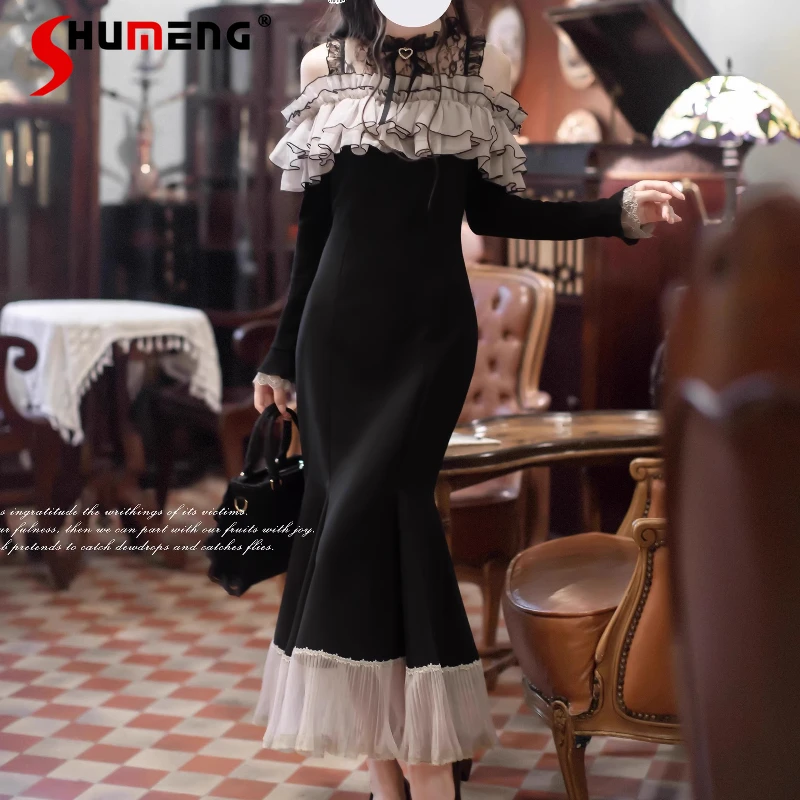 Japonês rojita estilo sc mina série rosa e preto vestidos babados em camadas borda de orelha de madeira vestido sereia lolita kawaii roupas