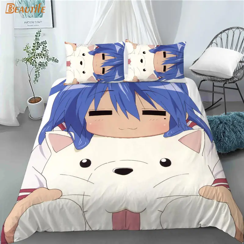 Custom Lucky Star Anime Girl 3 Pcs Duvet Cover Set Fashion Bedding Sets Comforter Duvet Cover Pillowcase Home Textiles