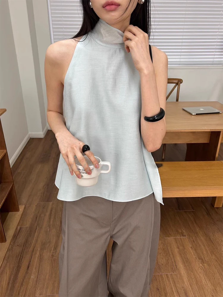 섹시한 백리스 넥 홀터 베스트 여성 여름 신상 레트로 루즈핏 셔츠와 매치 가능한 편안하고 통기성 좋은 캐주얼 웨어