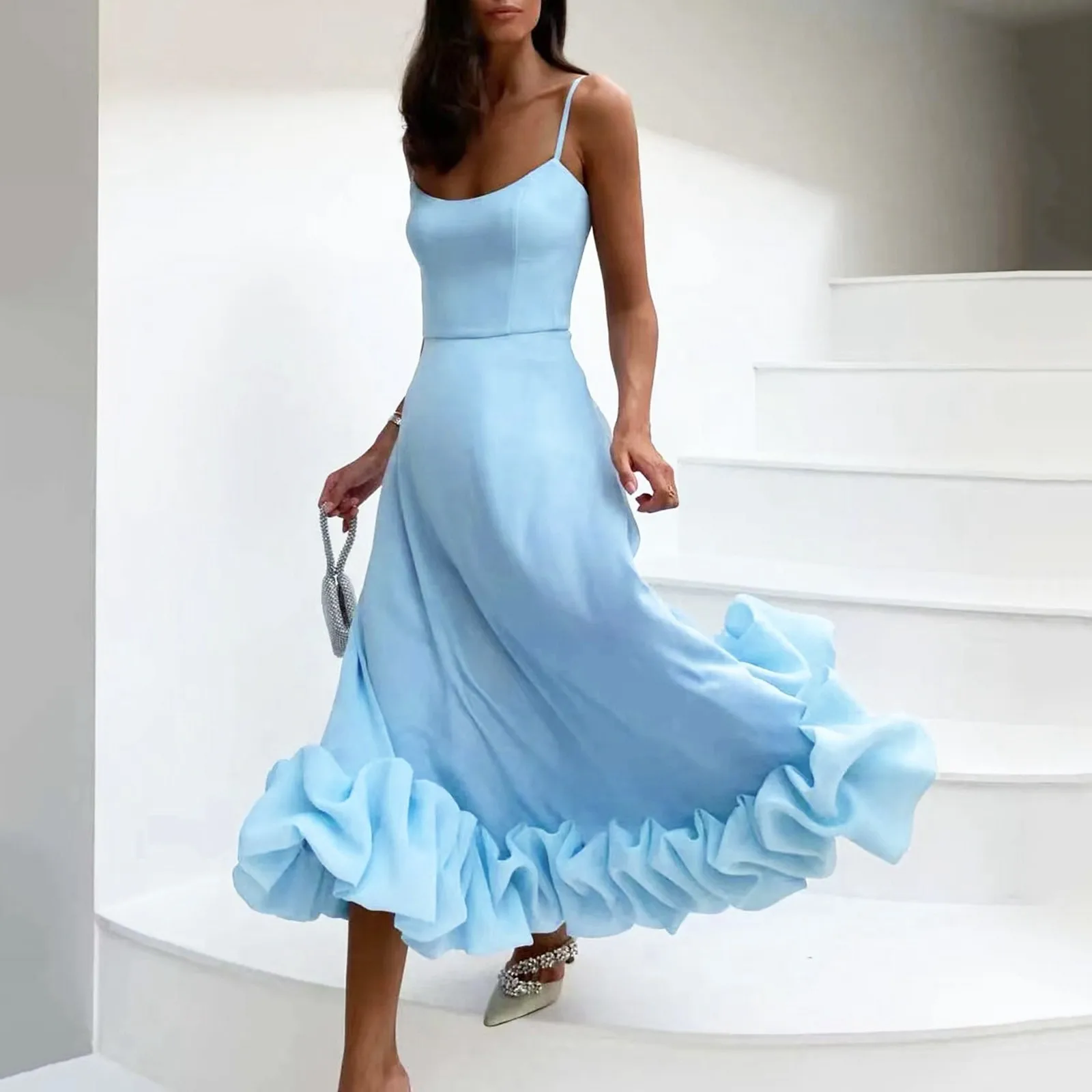 Elegant Ruffle Solid Sling Long Dress Women Strap Waist Party Dresses Fashion Sleeveless Backless Beach Swing Skirt A-Line Tutu