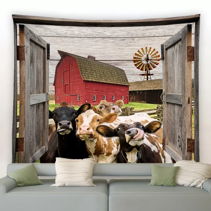 Funny Farm Cows Tapestry Vintage Wooden Door Farmhouse Fence Windmill Animal Cow Gray Plank Wall Hanging Fabric Home Room Dec #