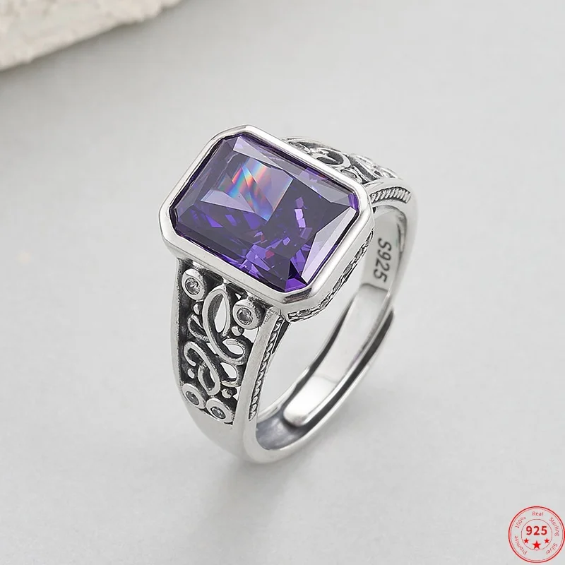 S925 Sterling Silver Charms Ring for Women Men Retro Eternal Rattan Inlaid Square Amethyst Fashion Luxury Jewelry Wholesale