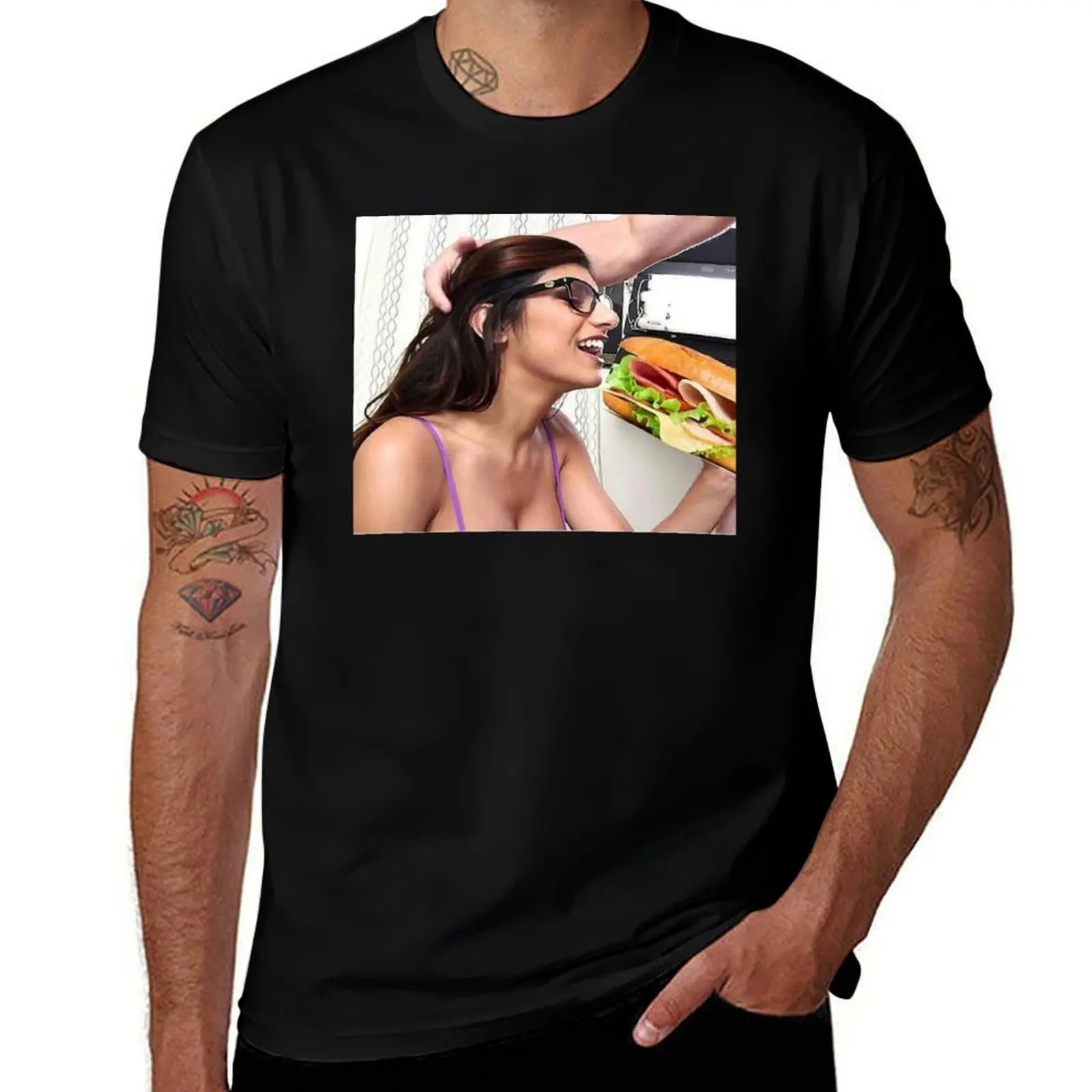 

Mia Khalifa eating a sandwich T-Shirt t shirt man luxury cotton t shirt pack T-Shirt