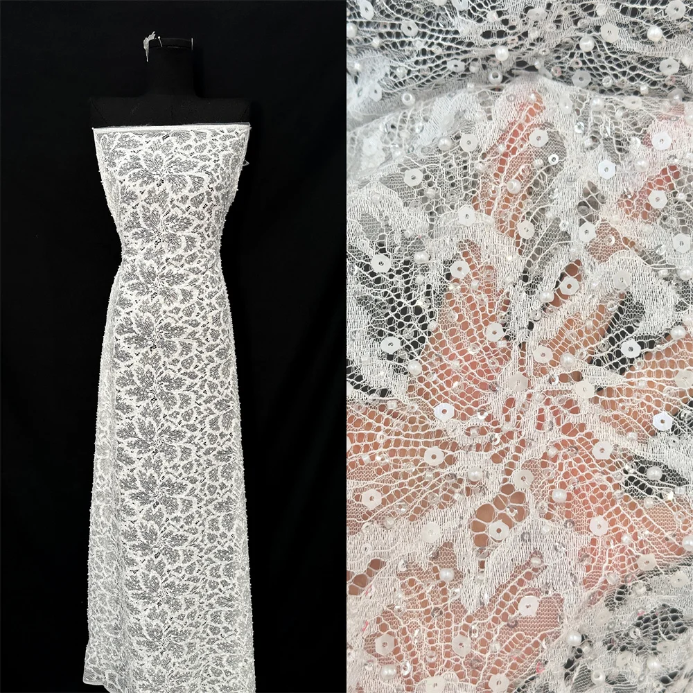 

African Tulle Lace Fabric 2025 French Net Sequins Fabric Sewing Embroidery With Beads Lace Tulle Mesh Nigeria Dresses 5 Yards