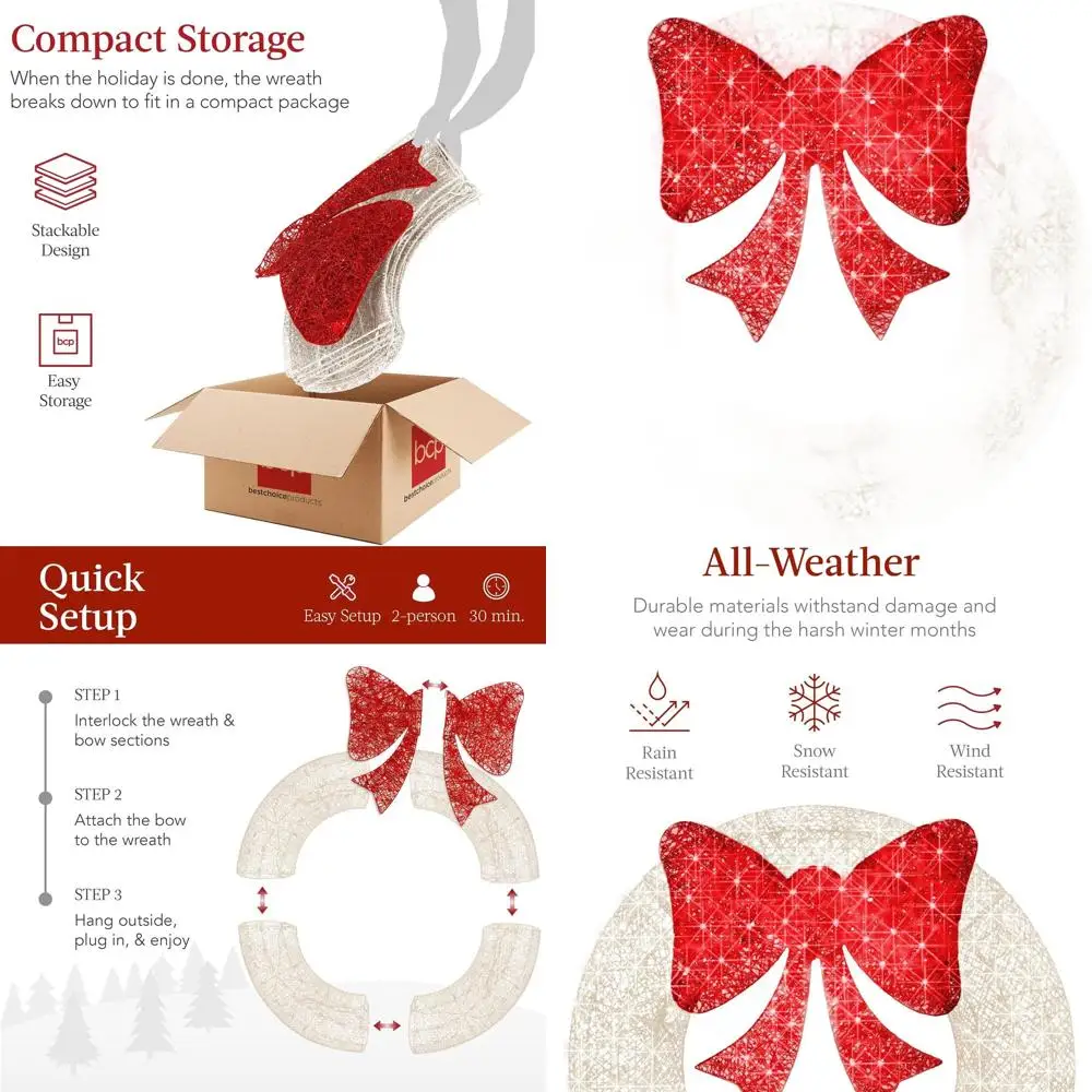 

120-Light LED Pre-Lit Outdoor Christmas Wreath, White/Red with Bow
