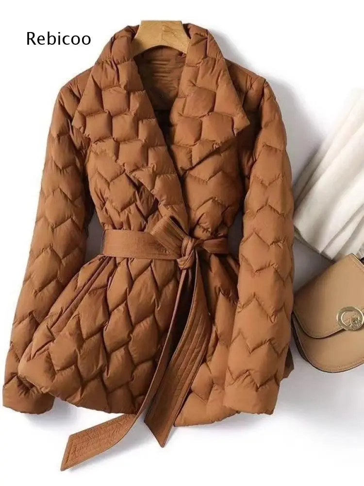 Female Solid V Neck Wrap Padded Jacket Long Sleeve Quilted Coat With Tie Waist Design For Cold Weather Daily And Dating Looks