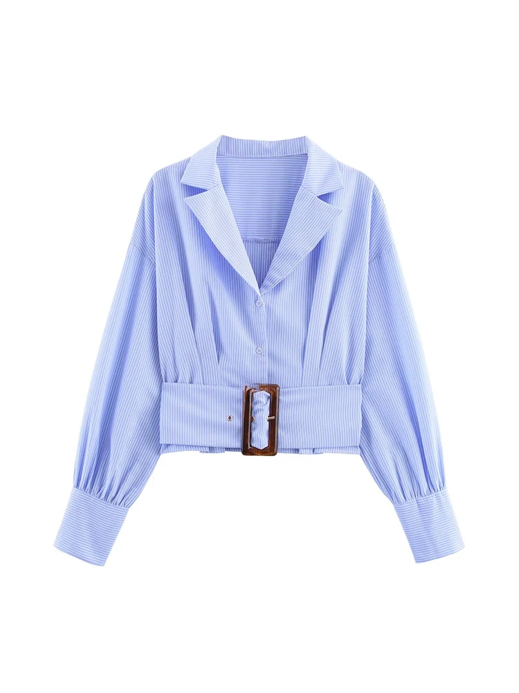 

European style new women's fashion versatile temperament striped with belt waist lapel long sleeve shirt