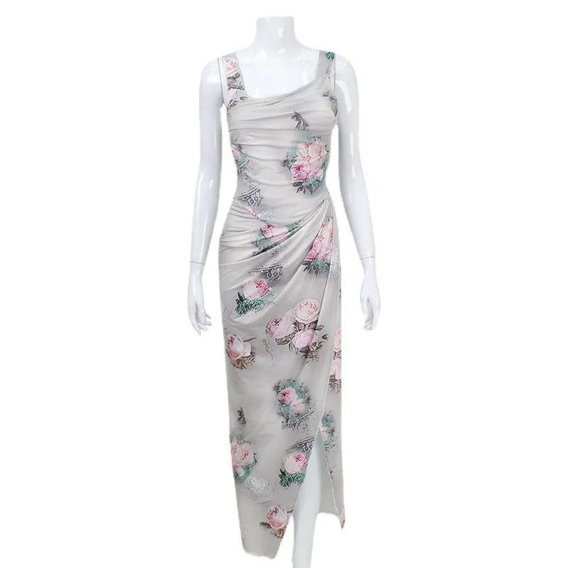 2025INS نمط المرأة الأوروبية والأمريكية موضة ساحة الرقبة المطبوعة سبليت سترة علوية Ruched حفلة الساخن فتاة تنورة مجموعة