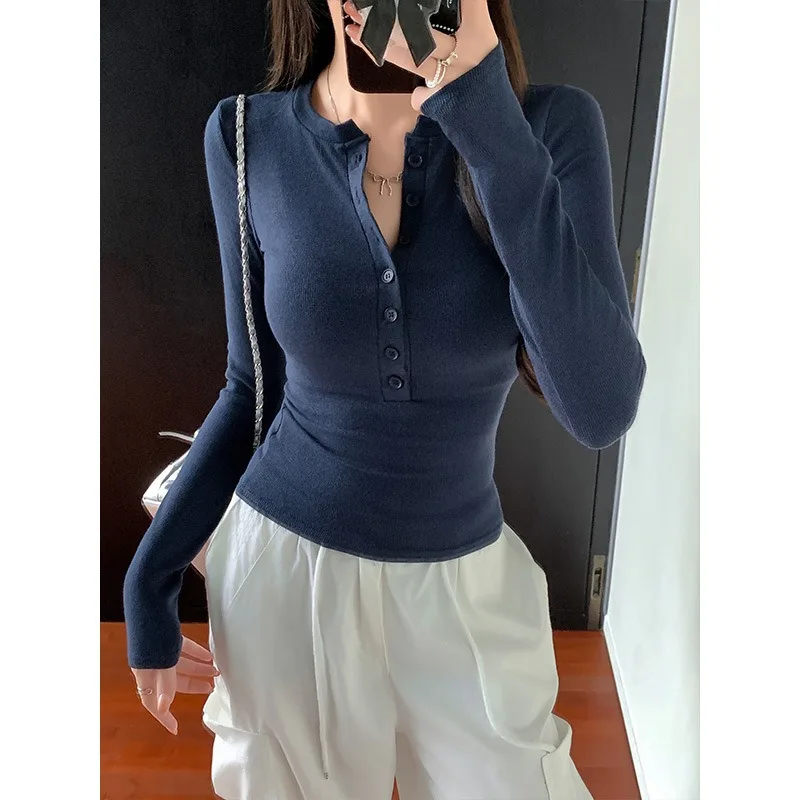 Women's Slim Fit Y2K Long Sleeve T-Shirt Solid Color Stretch Base Layer Top Woman 2026 Spring Autumn Button Knitted Ribbed Tee