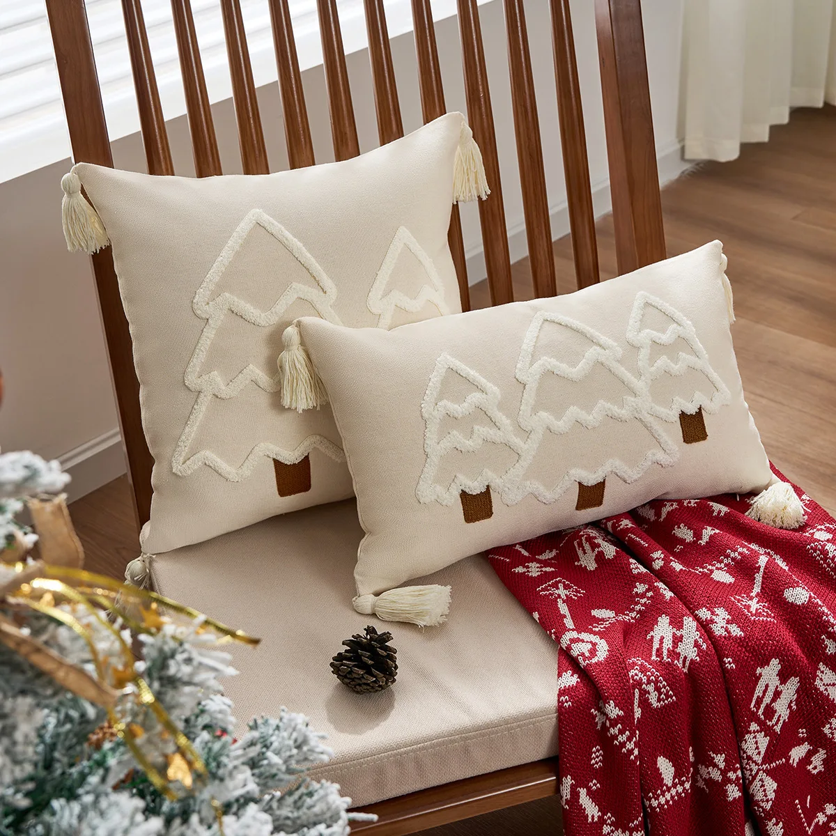 

Throw Cushion Cover Stylish Cute Christmas Tree Embroidery Plant Christmas Day Living Room Bedroom Sofa Pillow Case Cover