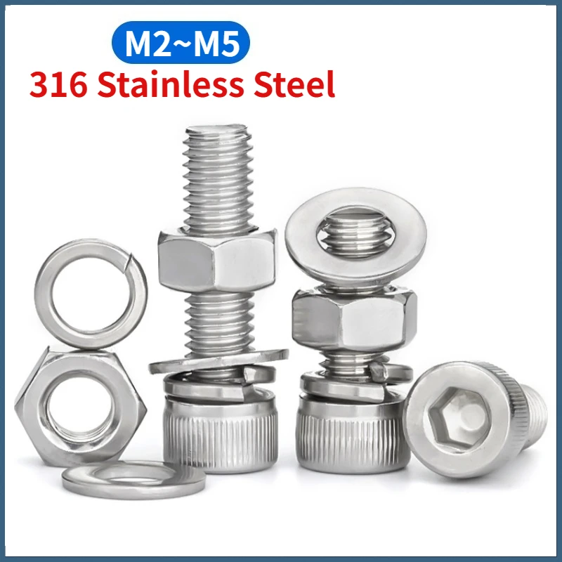 Cap Screws Socket Allen Bolts With Hexagon Full Nuts And Flat / Spring Washers 316 A4 Stainless Steel M2 M2.5 M3 M4 M5