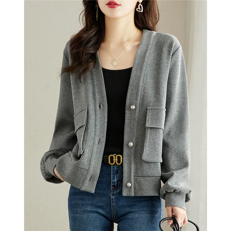 Printemps automne femmes Cardigan manteau 2025 nouvelle mode loisirs veste chaude hauts en tricot col en v gris couleur Pure vêtements d'extérieur femme
