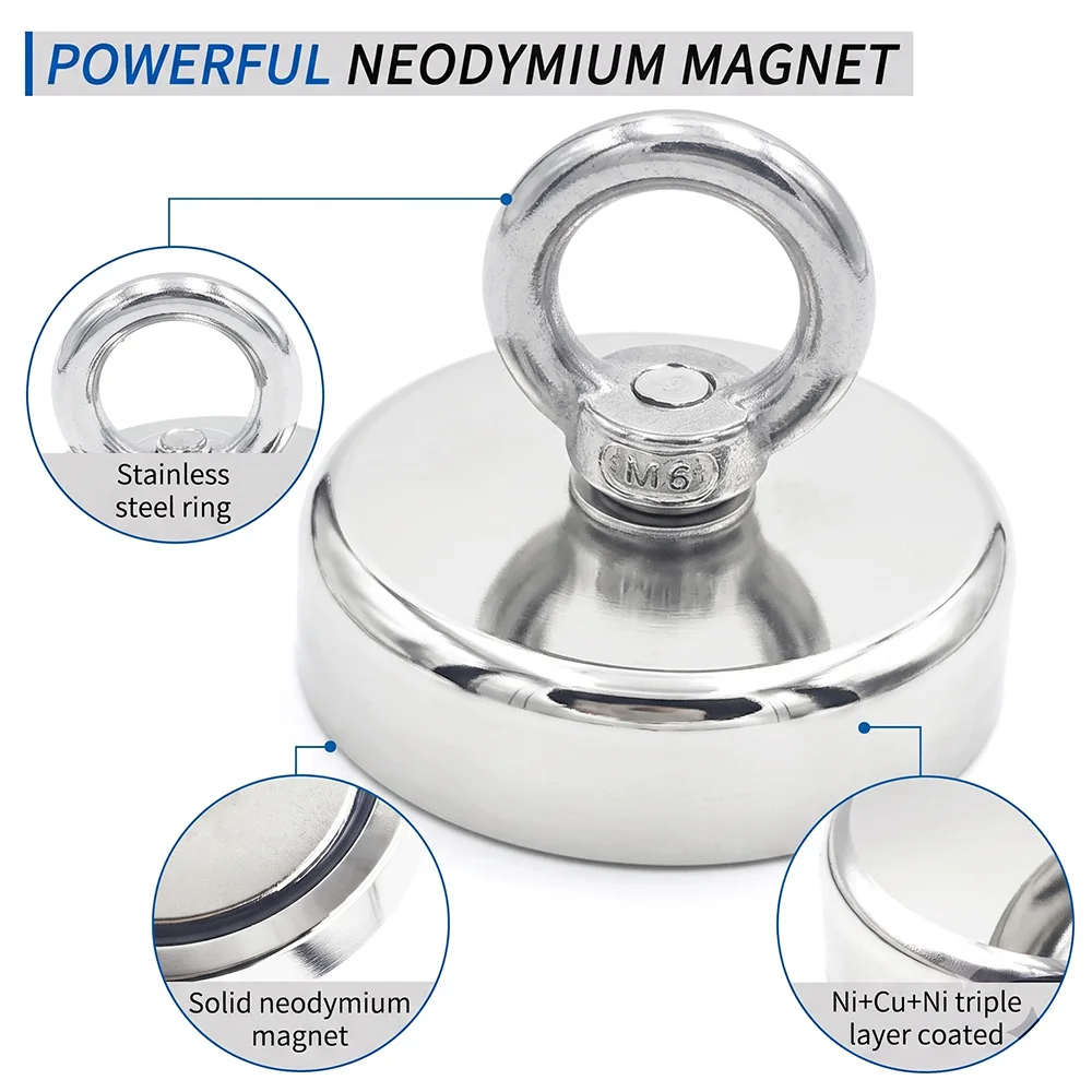 D16 to D60mm Super Strong Fishing Hook Heavy Duty Rare Earth Magnet with Countersunk Hole Eyebolt for Salvage Magnetic Recovery