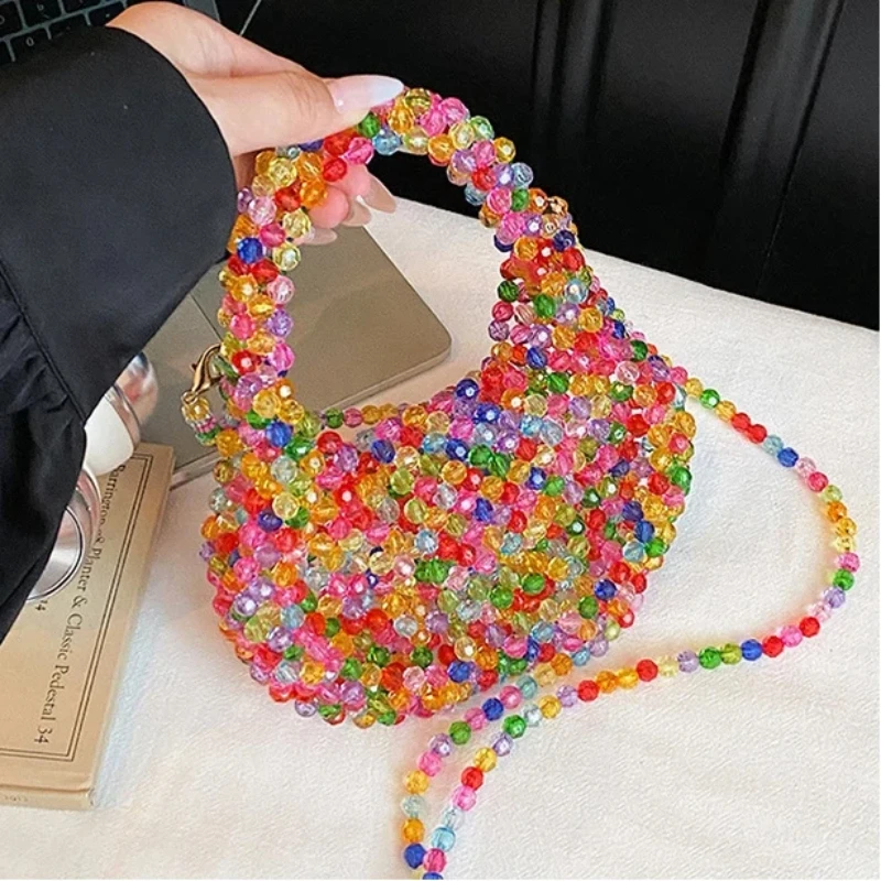 

Fashion Handmade Beaded Handbags for Women 2026 New Summer Unique Rainbow Woven Tote Bag Party Evening Crossbody Shoulder Bag