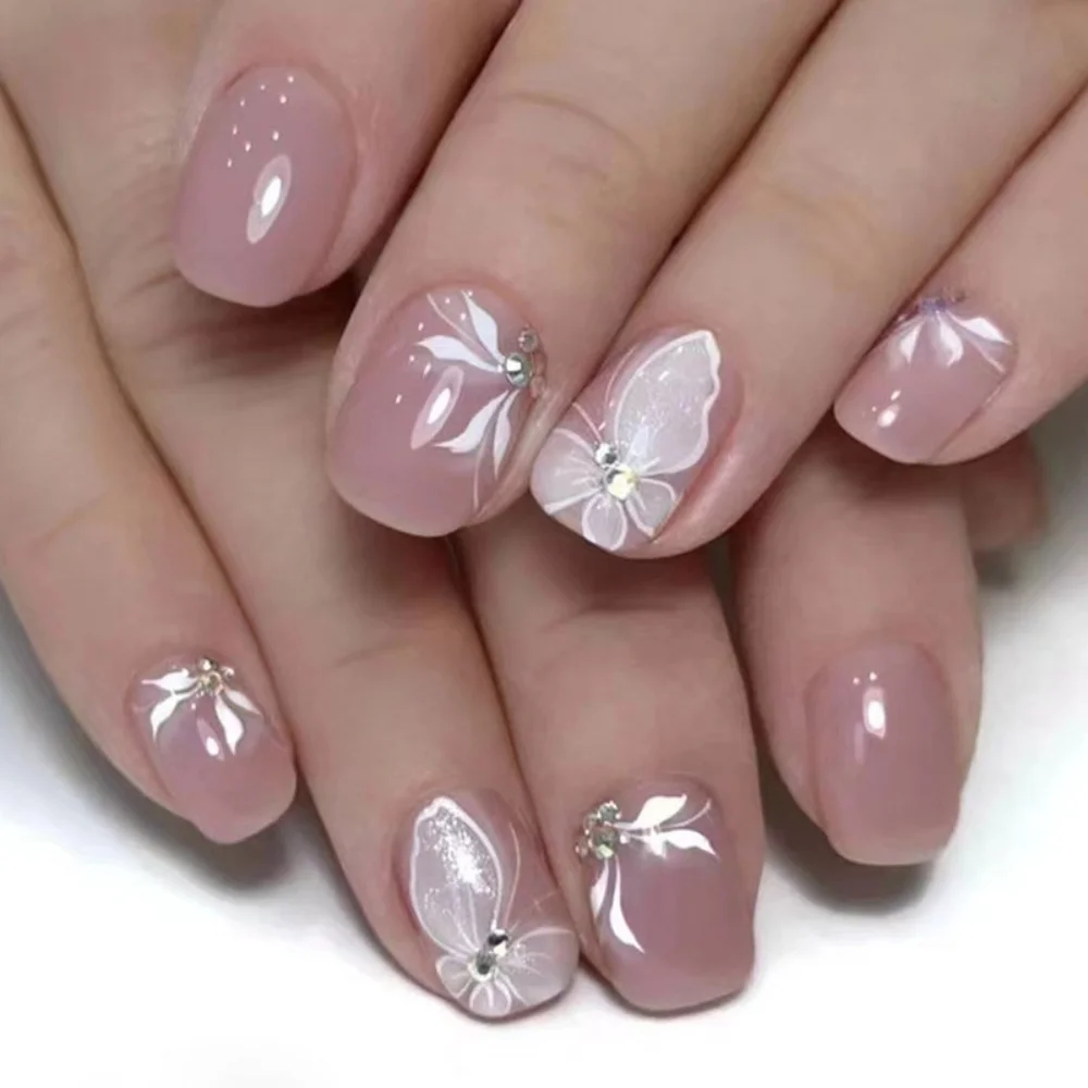 24 pièces Simple court carré presse sur ongles paillettes vague conception bâton sur faux ongles ensembles fini rose datable Ballet faux ongles