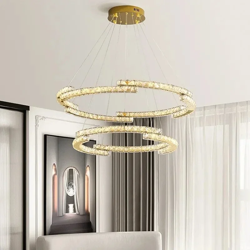 

Modern Lustre Crystals Led Pendant Lights Luxury Foyer Hanging Chandelier Light Home Steel Circle Led Luminarias Lamp Fixtures