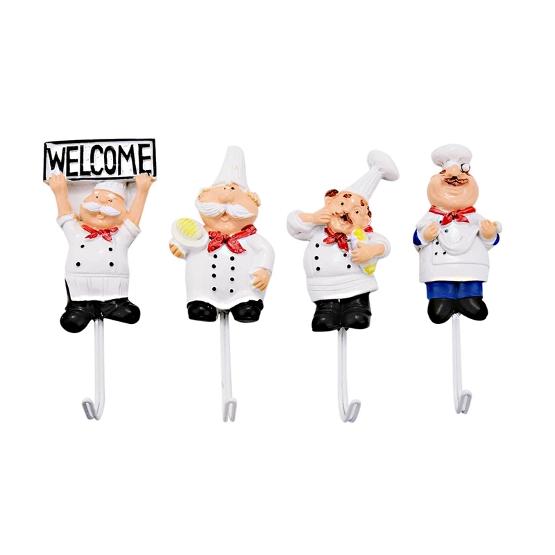 Pack Of 4 Resin French Chef Figurine Wall Hooks Decorative Cook Wall Mount Rack Hook Hanger(Assorted Style)