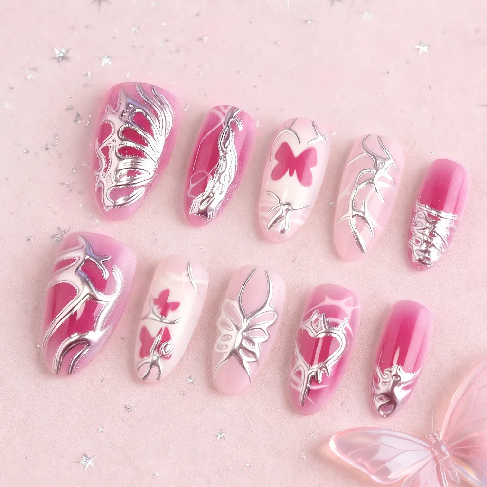 

24Pcs Pink Gradient Butterfly Press on Fake Nails Silver Irregular Design Manicure Tips Mid-length Almond Detachable False Nails