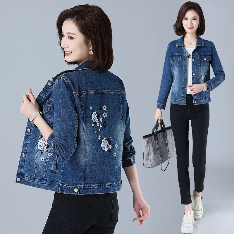 UHYTGF New Short Jeans Jacket Women Fashion Embroidery Slim Outerwear Autumn Denim Jacket Single-Breasted Spring Coat Female 877