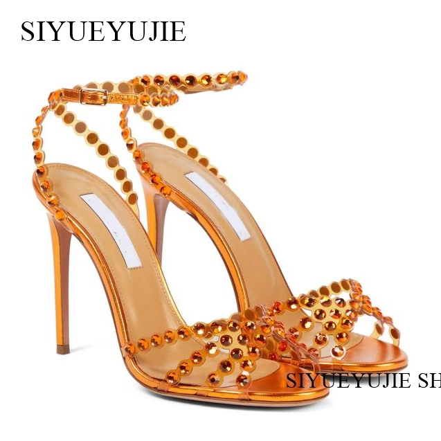 Red Rhinestone Luxury Sandals Round Toe Thin High Heels Open Toe Buckle Strap Sandals Hottest Fashion Sexy Summer Women Shoes