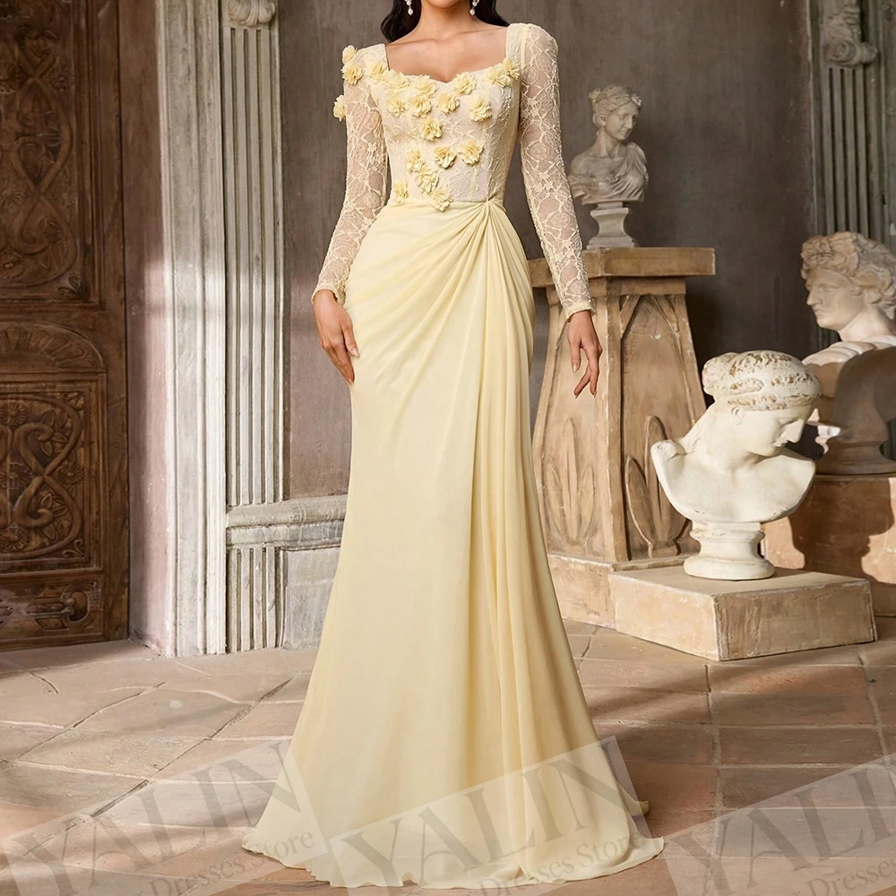 

Women's A-line Evening Dresses Floor-length V-neck Full Sleeve Prom Dresses Fashion Flowers Lace Simple Draped Customized Gowns