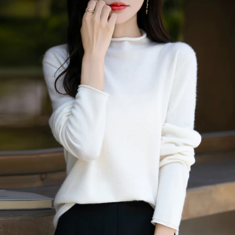 

2024 Autumn/Winter New Fashionable Curled Edge Half High Collar Woolen Sweater Made of Pure Wool for Slimming